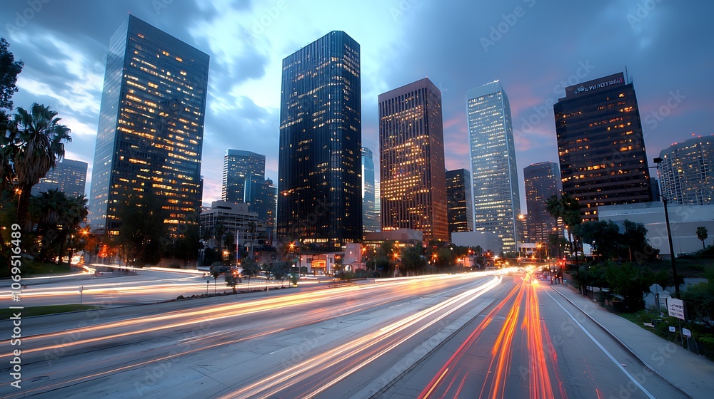Explore the stunning nightscape of a vibrant city with dynamic light trails and skyscrapers Explore the stunning nightscape of a vibrant city with dynamic light trails and skyscrapers
