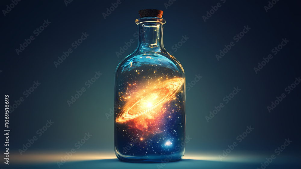 Enchanting glass bottle with a cosmic universe inside. Celestial. Illustration