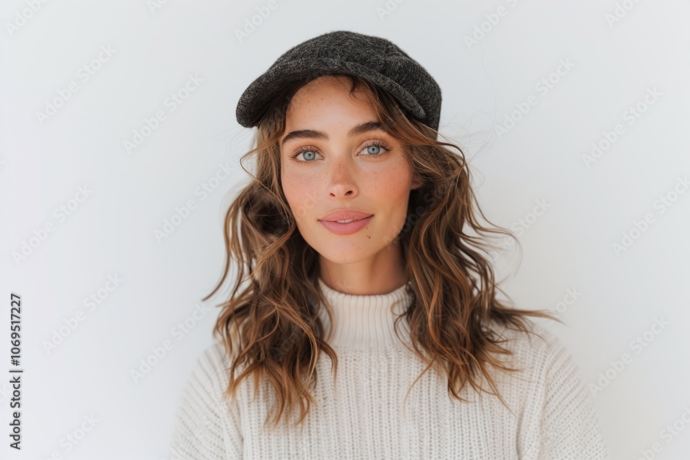 Chic woman wearing a tweed cap, cozy knit sweater, wavy brunette hair, clean white background, minimalistic autumn portrait, stylish casual fashion, modern photography, copy space

