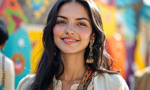 Portrait of a young woman with long black hair, wearing colorful earrings and a necklace, smiling at the camera.