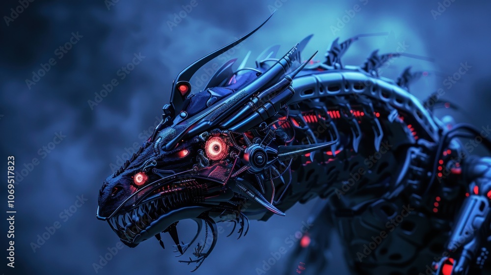 Dragon cyborg with red eyes on dark blue background with copy space, 3d rendering, Dragon cyborg with red eyes on dark blue background with copy space, 3d rendering,