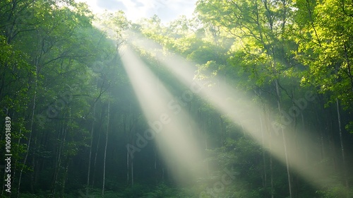 Nature's beauty unfolds as sunlight streams through lush forest canopy photo