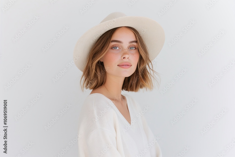 Elegant woman in white felt hat, cream outfit, soft wavy hairstyle, minimalistic fashion portrait, clean white background, modern chic style, stylish summer photography, copy space
Elegant woman in white felt hat, cream outfit, soft wavy hairstyle, minimalistic fashion portrait, clean white background, modern chic style, stylish summer photography, copy space