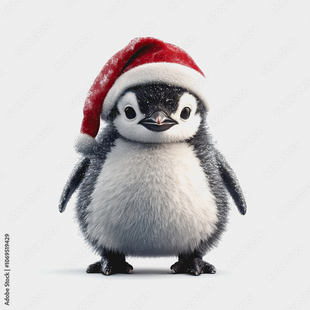 Fototapeta premium Cute Christmas Penguin with Santa Hat on White Background