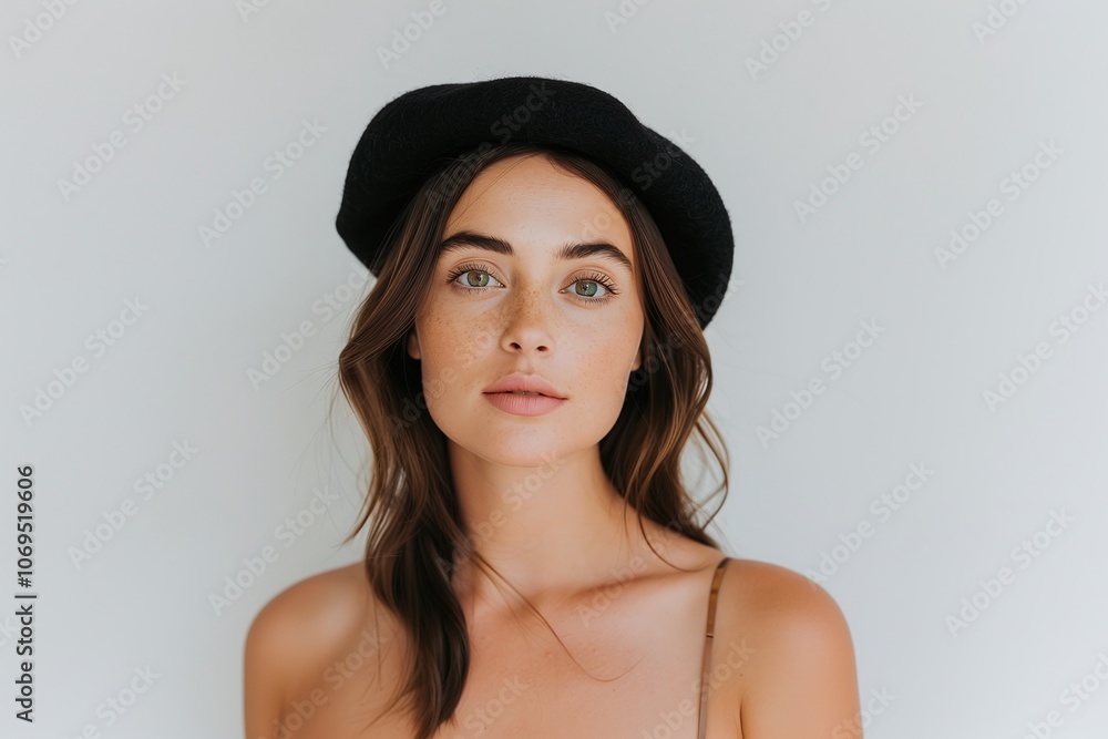 Elegant woman in black boater hat, neutral sleeveless top, natural wavy hairstyle, clean white background, minimalistic portrait, modern fashion photography, stylish chic look, copy space
Elegant woman in black boater hat, neutral sleeveless top, natural wavy hairstyle, clean white background, minimalistic portrait, modern fashion photography, stylish chic look, copy space