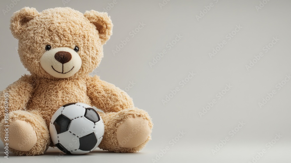 Beige bear with soccer ball, on plain backdrop Beige bear with soccer ball, on plain backdrop