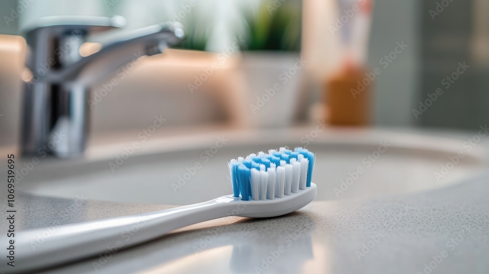 Close-up of toothbrush on bathroom sink with faucet in background Close-up of toothbrush on bathroom sink with faucet in background