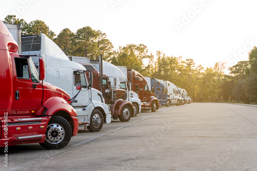 Row of semi trucks parked in lot, under a clear sky. photo