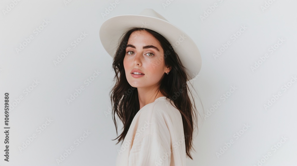 Stylish woman in white wide-brim hat, neutral beige outfit, wavy dark hair, minimalistic fashion portrait, clean white background, elegant modern style, close-up photography, copy space
Stylish woman in white wide-brim hat, neutral beige outfit, wavy dark hair, minimalistic fashion portrait, clean white background, elegant modern style, close-up photography, copy space