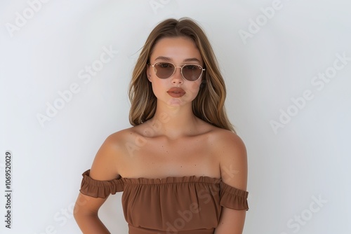 Elegant woman in brown off-shoulder dress, stylish round sunglasses, soft waves hairstyle, clean white background, minimalistic summer fashion, chic portrait photography, copy space

