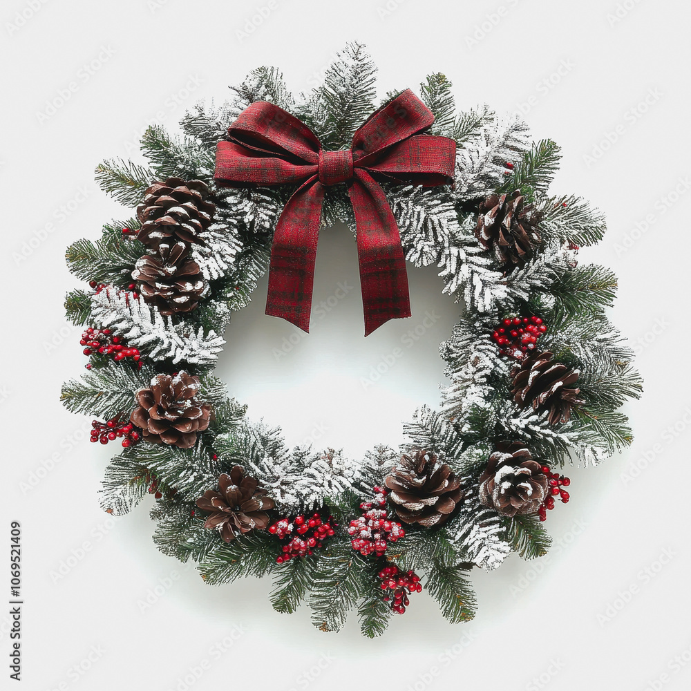 Festive Christmas Wreath with Red Bow on White Background Festive Christmas Wreath with Red Bow on White Background