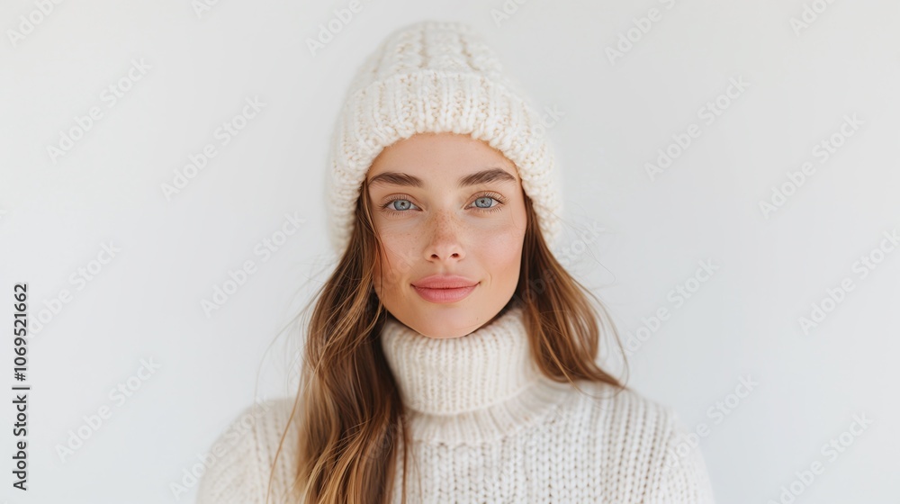 Cozy woman in warm white knitted sweater, matching winter hat, soft natural lighting, minimalistic background, relaxed pose, seasonal fashion portrait, winter vibes, copy space for text
Cozy woman in warm white knitted sweater, matching winter hat, soft natural lighting, minimalistic background, relaxed pose, seasonal fashion portrait, winter vibes, copy space for text
