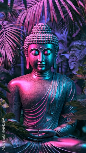 Buddha statue changing colors with tropical plants background