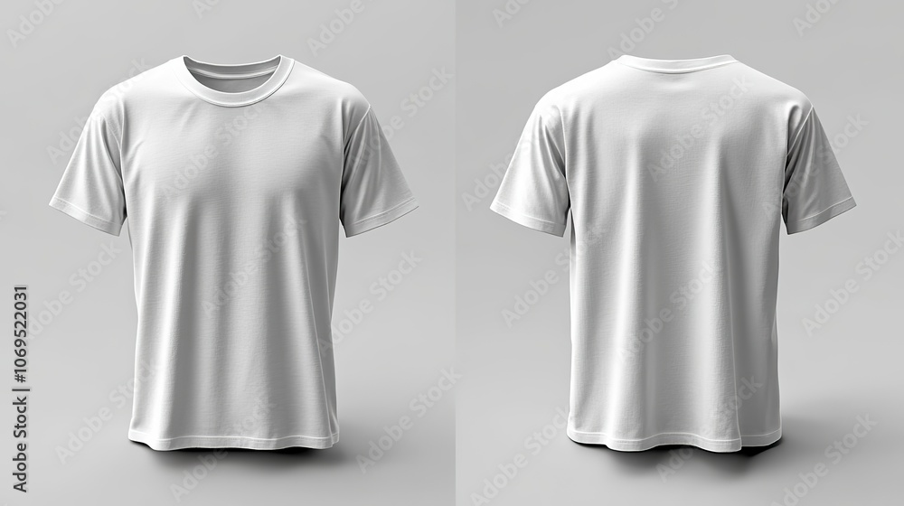 A blank white T-shirt template is displayed from two angles, ideal for design mockups or printing on apparel. A blank white T-shirt template is displayed from two angles, ideal for design mockups or printing on apparel.