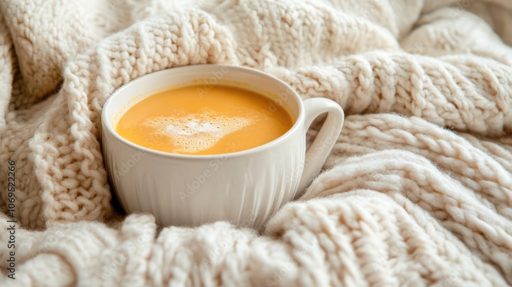 Warm cup of pumpkin soup nestled in soft knit blanket Warm cup of pumpkin soup nestled in soft knit blanket