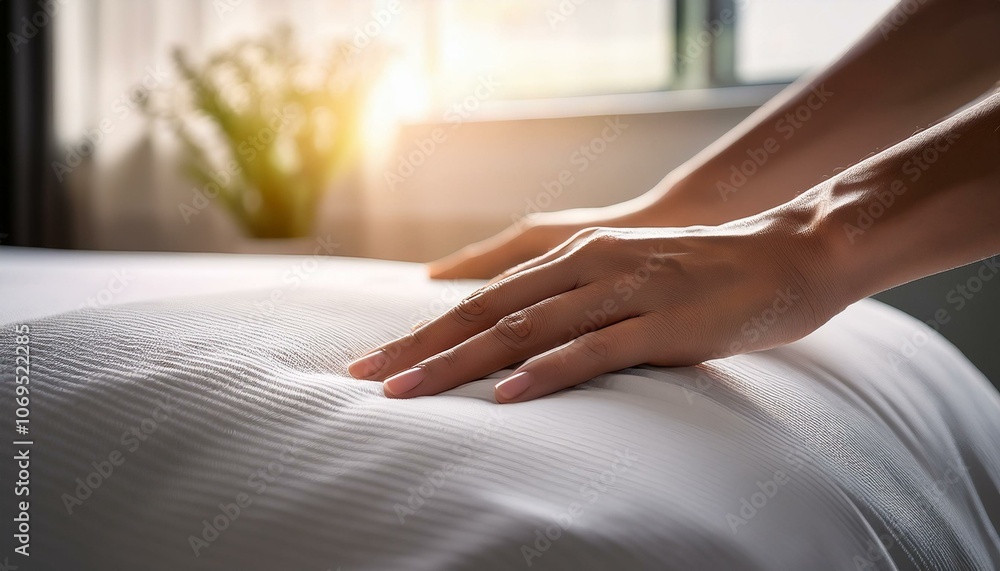 a person reaches out to pull the sheets out of the bed a person reaches out to pull the sheets out of the bed