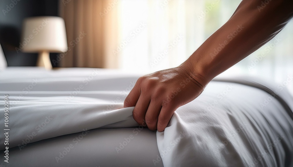 person in bed, a person reaches out to pull the sheets out of the bed person in bed, a person reaches out to pull the sheets out of the bed