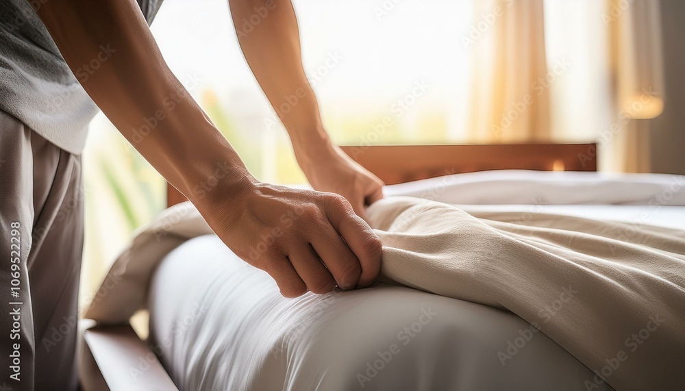 a person reaches out to pull the sheets out of the bed a person reaches out to pull the sheets out of the bed
