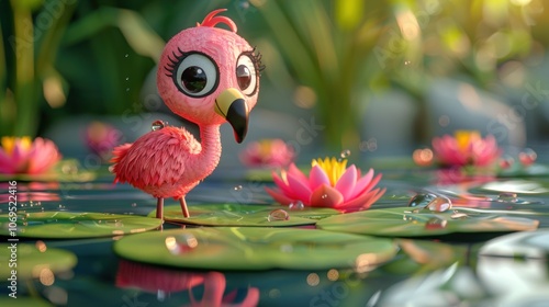 A cute cartoon pink flamingo with big eyes stands on a lily pad in a pond with water droplets, surrounded by other lily pads. photo