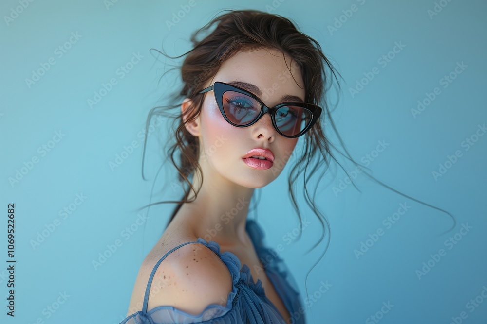 portrait of young woman, wearing black cat-eye sunglasses, blue sheer off-shoulder dress, tousled hairstyle, soft lighting, elegant and modern feminine look
portrait of young woman, wearing black cat-eye sunglasses, blue sheer off-shoulder dress, tousled hairstyle, soft lighting, elegant and modern feminine look