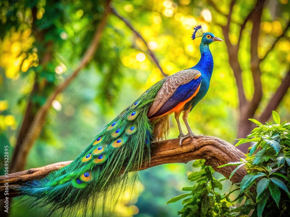 Obraz premium A magnificent peacock perched on a leafy branch, amidst vibrant green foliage.