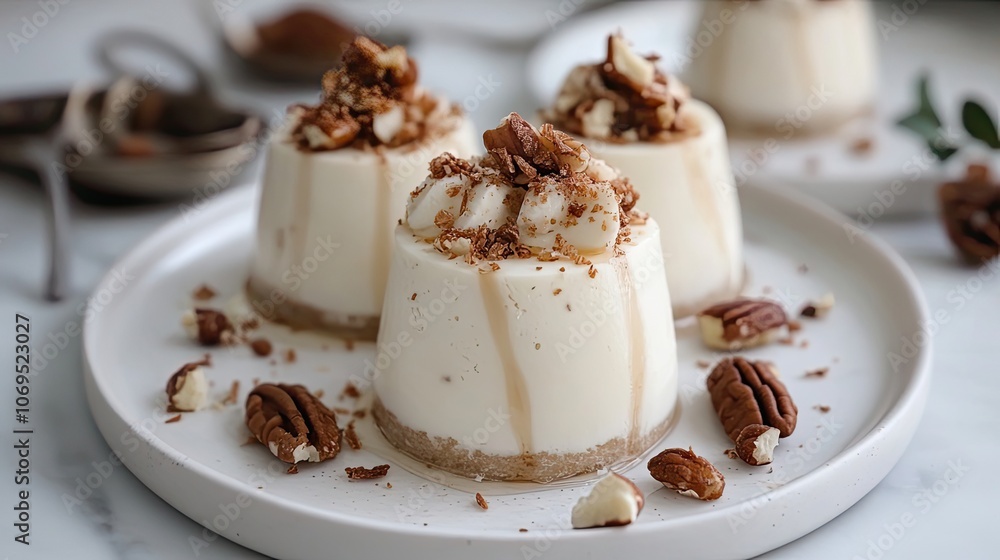Three Creamy Desserts Topped with Pecans on a White Plate Three Creamy Desserts Topped with Pecans on a White Plate