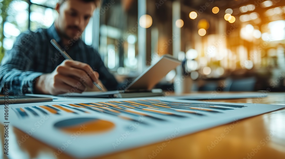 A businessman analyzing graphs and performing calculations at his desk, demonstrating focus and professionalism. A businessman analyzing graphs and performing calculations at his desk, demonstrating focus and professionalism.