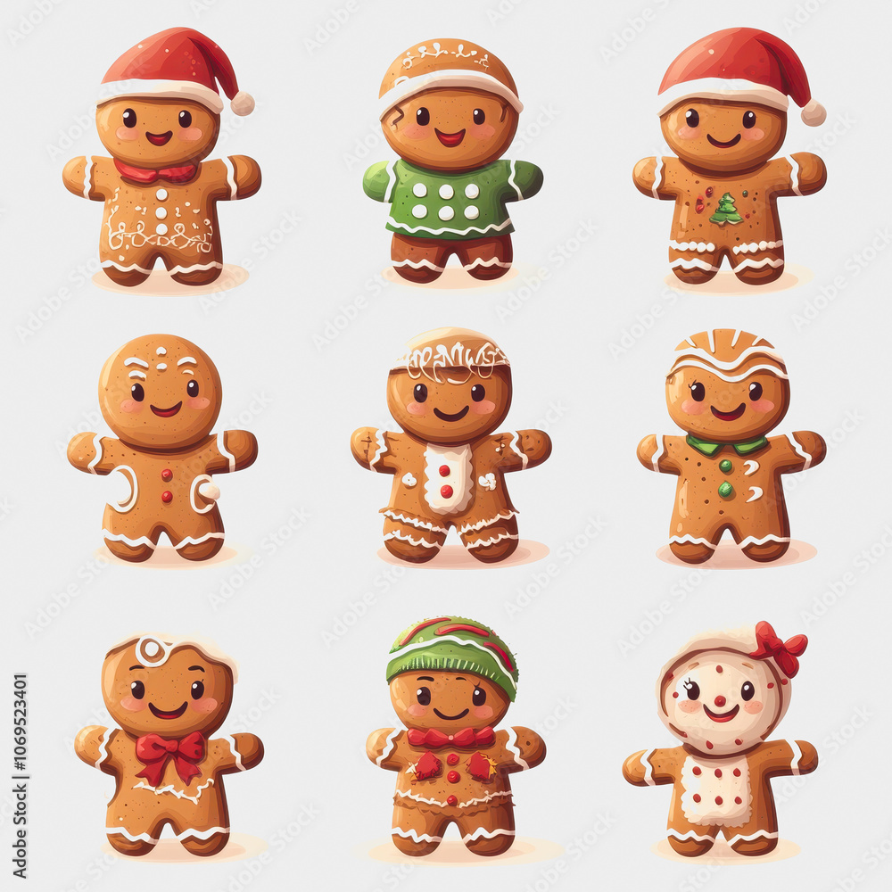 Fototapeta premium Festive Gingerbread Character Collection on White Background