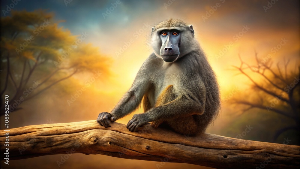 Obraz premium A weathered portrait of a baboon, captured in the wild, evokes a nostalgic vintage feel.