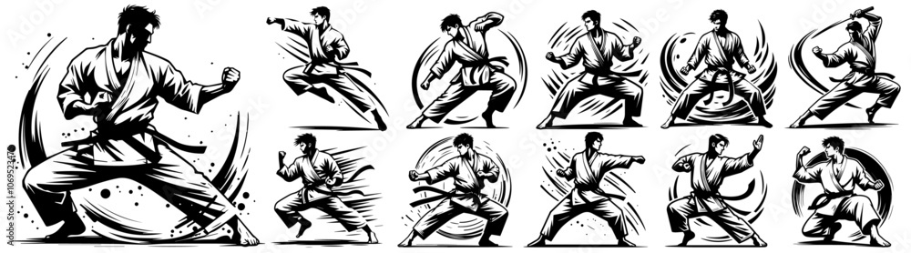 Fototapeta premium karate warrior in kimono, dynamic body positions