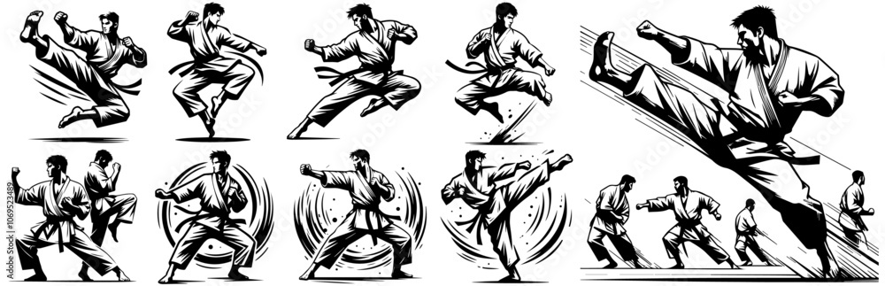 karate warrior in kimono, dynamic body positions karate warrior in kimono, dynamic body positions
