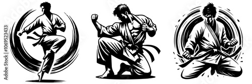 karate warrior in kimono with black belt, human silhouette eastern martial arts