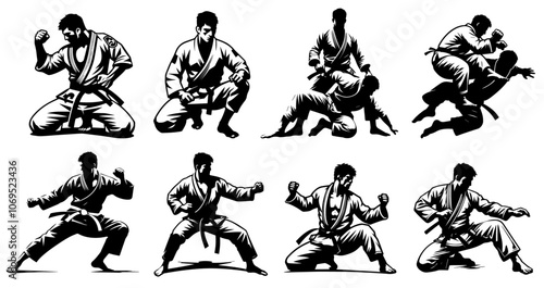 karate warrior in kimono with black belt, human silhouette eastern martial arts