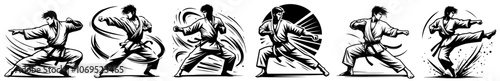 karate warrior in kimono with black belt, human silhouette eastern martial arts