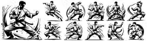 karate warrior in kimono, dynamic body positions