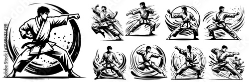 karate warrior in kimono, dynamic body positions