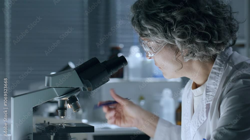 Middle-aged female scientist with curly grey hair, wearing protective goggles, observing specimen under microscope and making notes during research in laboratory Middle-aged female scientist with curly grey hair, wearing protective goggles, observing specimen under microscope and making notes during research in laboratory