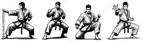 karate fighters demonstrating powerful kicking techniques in line art black vector