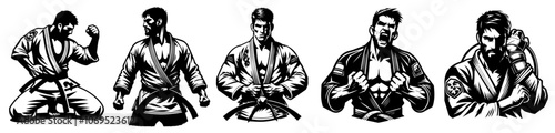 fighter athlete brazilian jiu jitsu bjj in gi in different poses black vector 