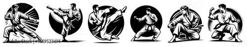 karate fighters demonstrating powerful kicking techniques in line art black vector