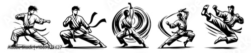 karate fighters demonstrating powerful kicking techniques in line art black vector