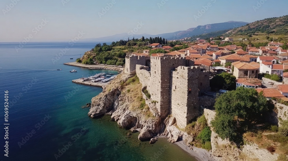 Aerial view of a coastal town with ancient castle ruins overlooking the sea. Aerial view of a coastal town with ancient castle ruins overlooking the sea.