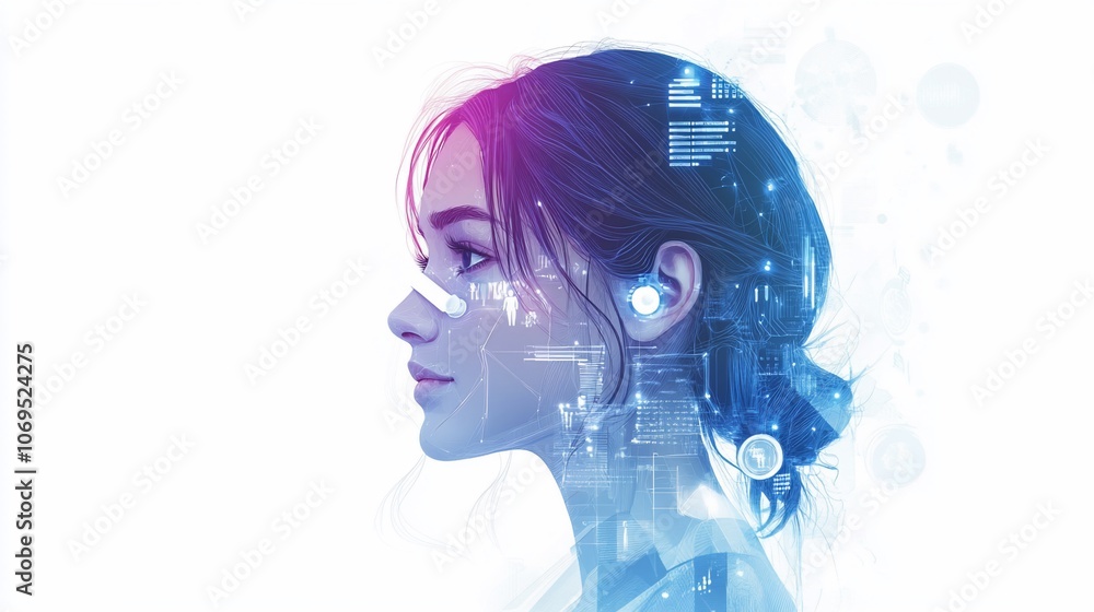 A woman's profile with digital overlays, representing technology, future, and innovation. A woman's profile with digital overlays, representing technology, future, and innovation.