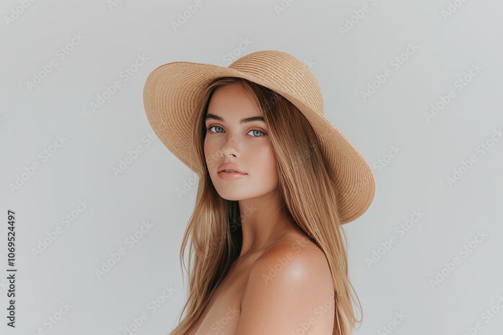 portrait of young woman, wearing beige straw hat, natural makeup, long flowing hair, minimalist style, neutral background, elegant and serene look
portrait of young woman, wearing beige straw hat, natural makeup, long flowing hair, minimalist style, neutral background, elegant and serene look