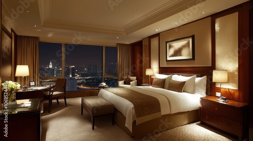 Elegant Hotel Room With City View at Night