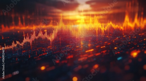 A city skyline with data visualizations and a dramatic orange sunset.