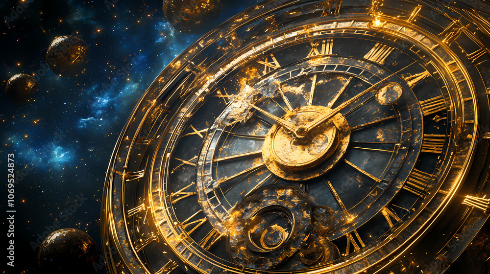 The cosmic clock face, adorned with celestial elements, invites contemplation of the universe's origins and the nature of reality. ideal for projects related to science,. Celestial. Illustration The cosmic clock face, adorned with celestial elements, invites contemplation of the universe's origins and the nature of reality. ideal for projects related to science,. Celestial. Illustration