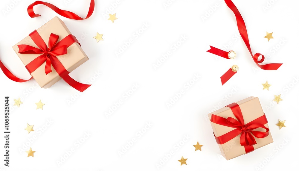 Flat Lay Top View of Elegant White Background Gifts with Red Ribbons and Scattered Golden Stars for Festive Celebrations and Special Occasions Flat Lay Top View of Elegant White Background Gifts with Red Ribbons and Scattered Golden Stars for Festive Celebrations and Special Occasions