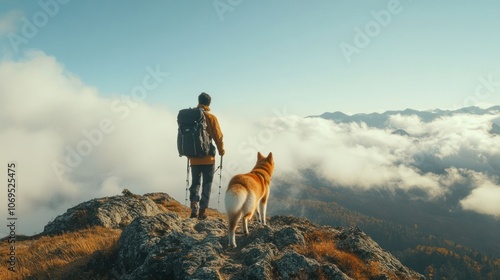 A person and a dog admire a scenic view from a rocky outcrop amidst clouds and mountains.