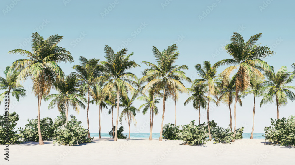 Tropical beach scene with palm trees and clear blue sky, evoking relaxation Tropical beach scene with palm trees and clear blue sky, evoking relaxation